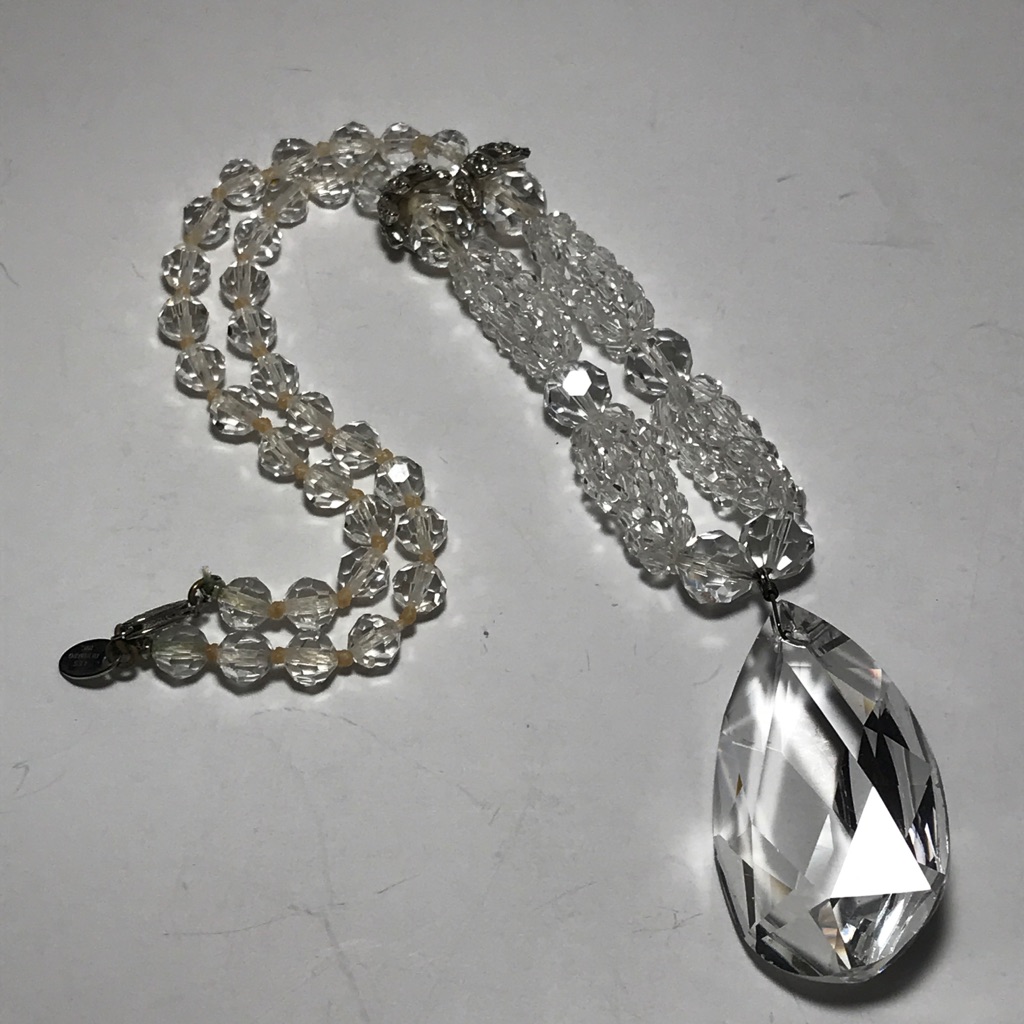 Vintage Les Bernard Crystal Beads Necklace With Lrg Pear Shape Pendant 22” Read